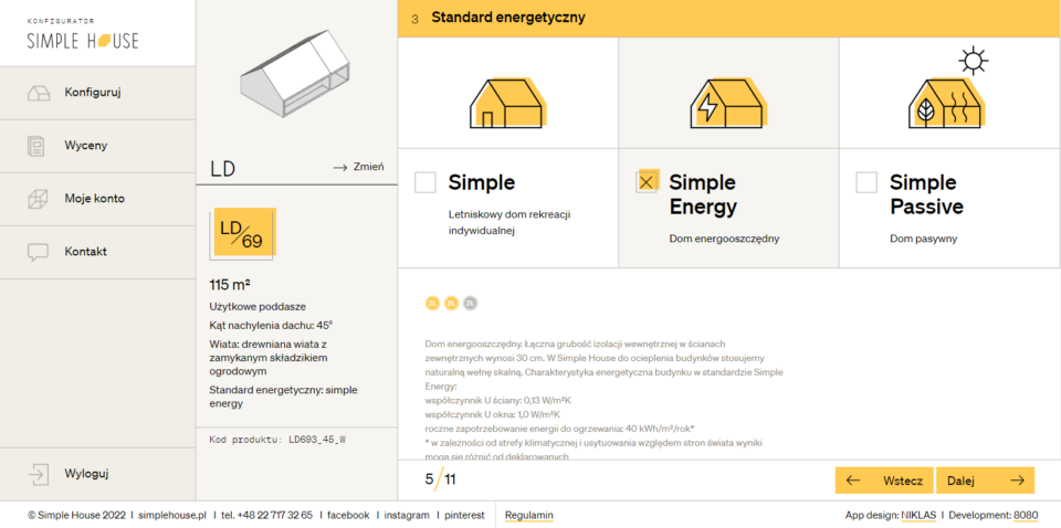 Arkusz z konfiguratora online Simple House do wyceny domów z wyjaśnieniem standardów energetycznych