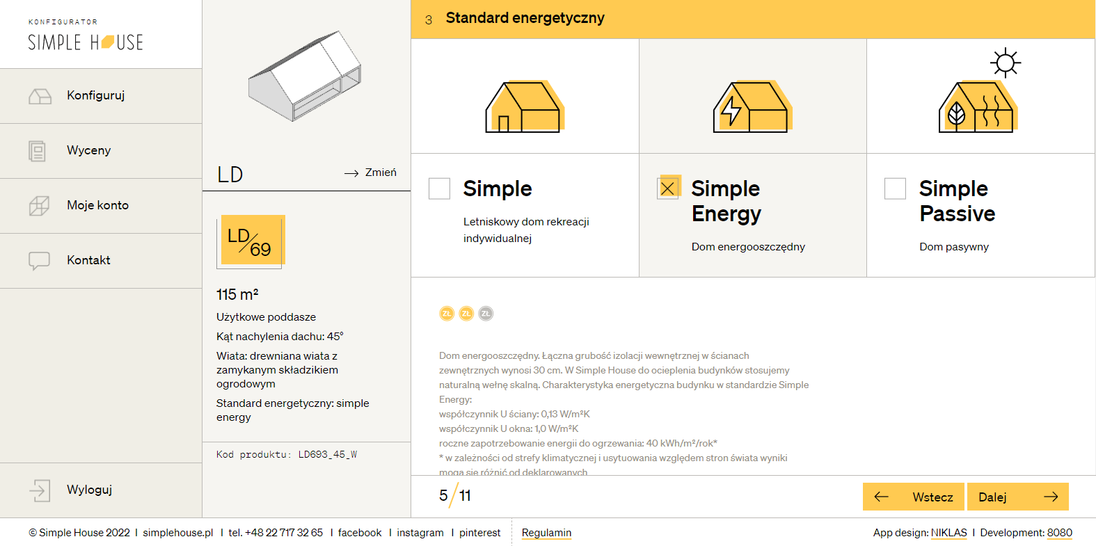 Arkusz z konfiguratora online Simple House do wyceny domów z wyjaśnieniem standardów energetycznych