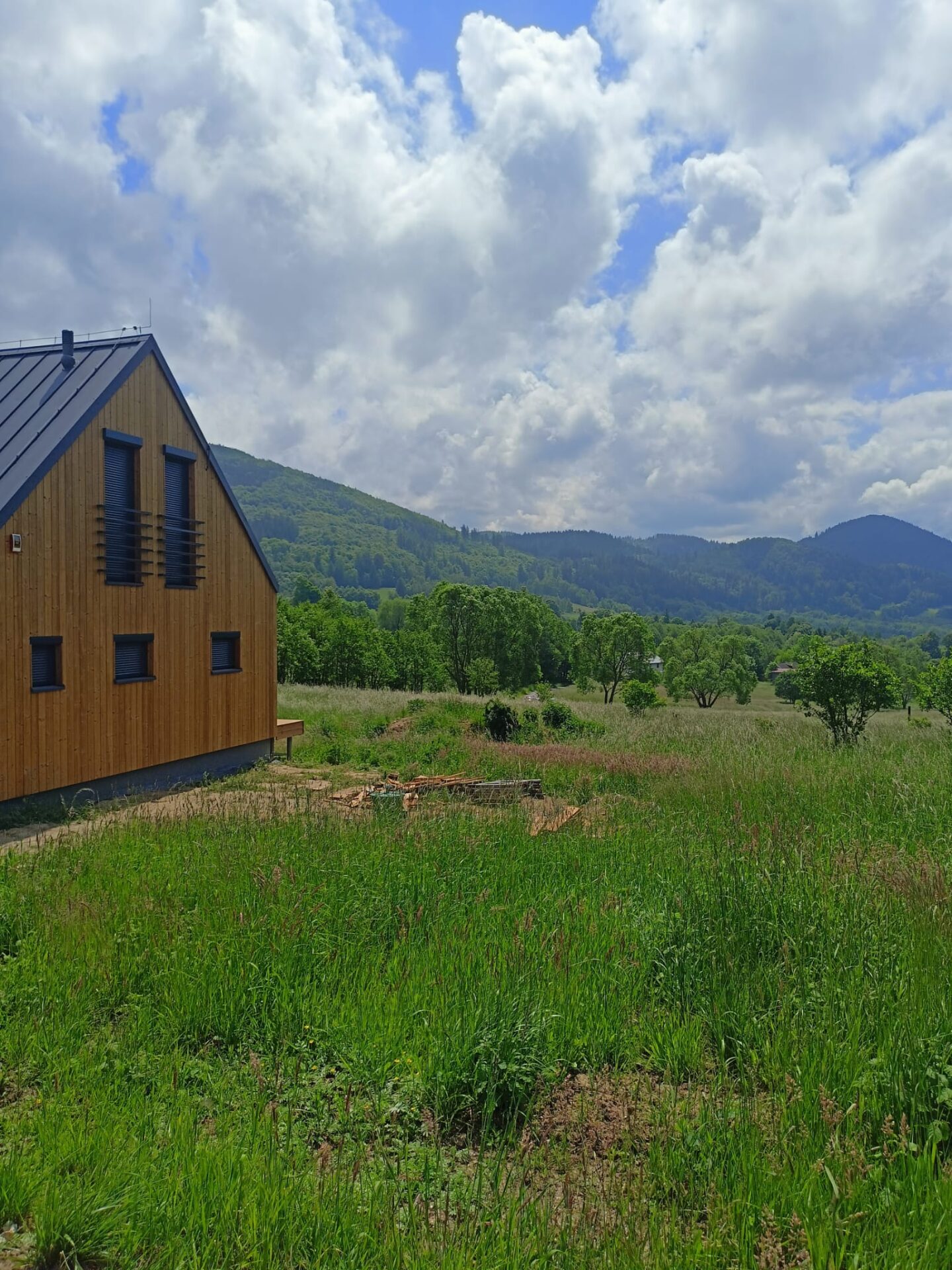 Dom szkieletowy Simple House z drewna na tle zielonych gór. Do z antracytowym dachem.