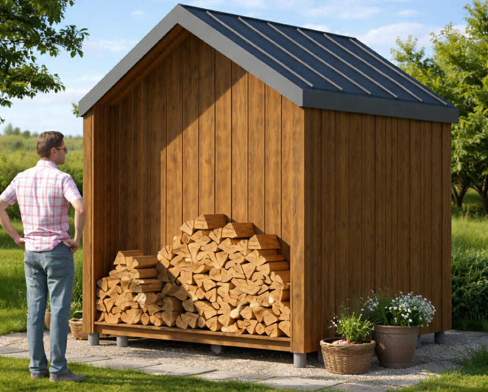Nowoczesna komórka ogrodowa Simple House w technologii szkieletowej, drewniany moduł do przechowywania drewna i narzędzi