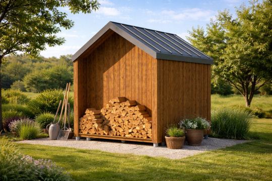 Nowoczesna komórka ogrodowa Simple House w technologii szkieletowej, drewniany moduł do przechowywania drewna i narzędzi